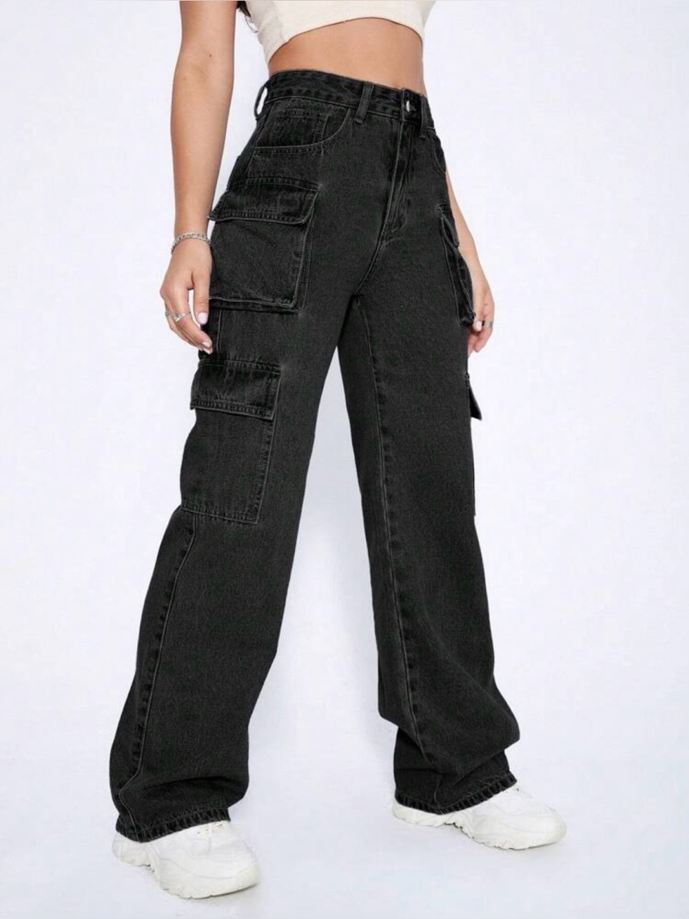 High-Rise Black Cargo Wide-Leg Jeans